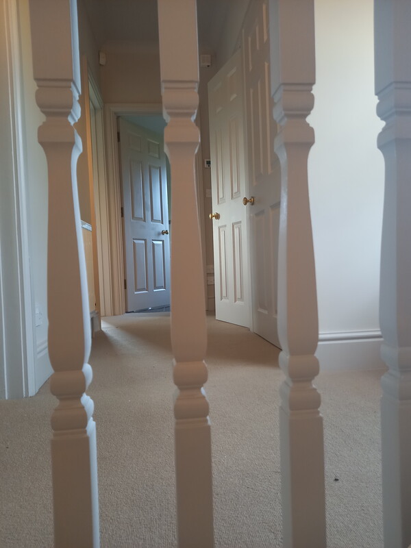 A view between a banister of freshly-painted white bedroom doors.