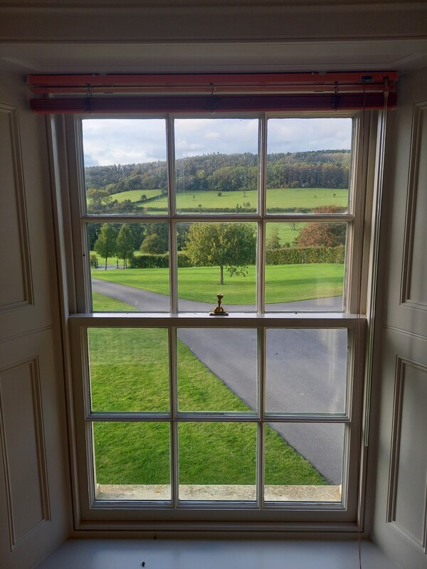 A view of a driveway and large garden through an upstairs sash window.